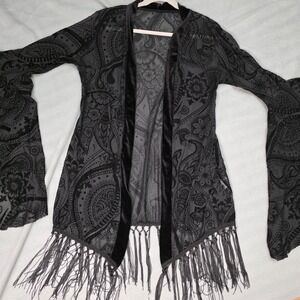 Unbranded Paisley Velvet Burnout Kimono Womens Size L Black Fringe Bell Sleeve